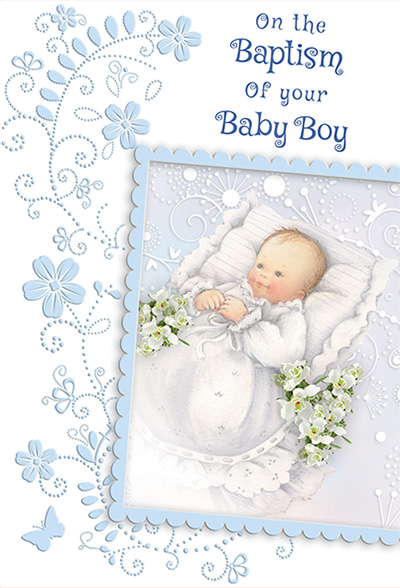 85603 boy baptism - 4 1/2 x 6 3/4 - pearl foil decoration & embossed